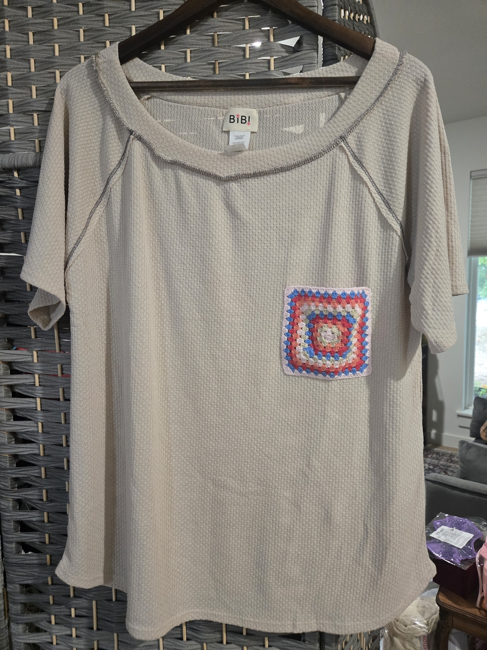 BIBI Boho Waffle Knit Top XL Crochet Granny Square Pocket Beige